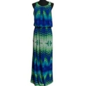 Donna Ricco Maxi Dress Blue Green Chevron Sleeveless Casual Size 14